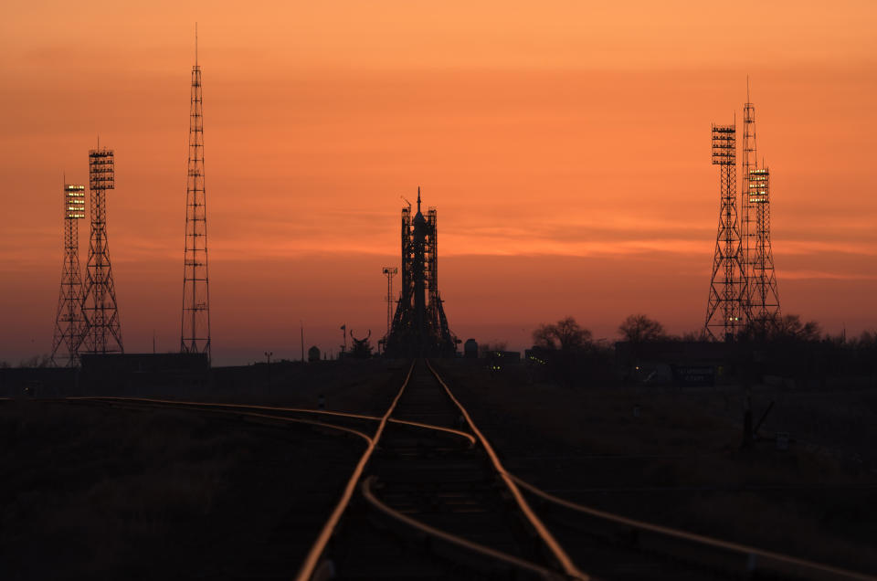 The Soyuz rocket is seen at dawn on launch site 1 of the Baikonur Cosmodrome, Thursday, March 14, 2019, in Baikonur, Kazakhstan. Expedition 59's astronauts Nick Hague and Christina Koch of NASA, along with Alexey Ovchinin of Roscosmos will launch later in the day, U.S. time, on the Soyuz MS-12 spacecraft from the Baikonur Cosmodrome for a six-and-a-half month mission on the International Space Station.(Bill Ingalls/NASA via AP)