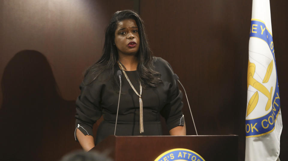 FILE - Chicago prosecutor Kim Foxx has asked any possible victims or witnesses of alleged abuse by singer R. Kelly to contact her office Tuesday, Jan. 9, 2019, in Chicago. The Cook County State's Attorney spoke to reporters Tuesday after watching a recent Lifetime documentary examining a history of abuse allegations against the R&B star. Kelly, the 54-year-old R&B singer will once again head to court this week. His federal trial in New York begins Wednesday, Aug. 18. 2021, and will explore years of sexual abuse allegations. He has vehemently denied the allegations against him. (AP Photo/Teresa Crawford, File)