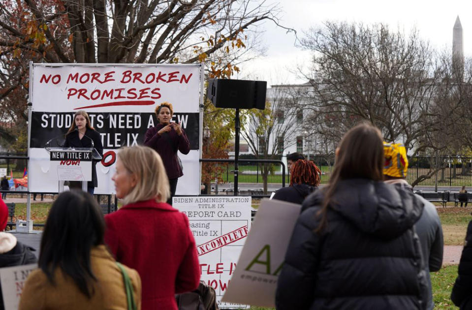 Pipa, a Know Your IX student activist, spoke in December as students, parents, educators and advocates gathered in front of the White House to press the Biden Administration to release the long-awaited final Title IX rule (Photo by Leigh Vogel/Getty Images for National Women’s Law Center)