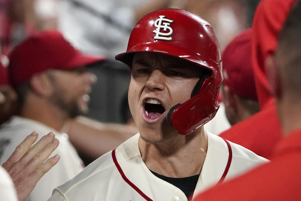 St. Louis Cardinals' Tyler O'Neill celebrates after hitting a two-run home run during the eighth inning of a baseball game against the San Diego Padres Saturday, Sept. 18, 2021, in St. Louis. (AP Photo/Jeff Roberson)