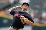 Cleveland Guardians pitcher Zach Plesac throws against the Detroit Tigers in the first inning of a baseball game in Detroit, Monday, July 4, 2022. (AP Photo/Paul Sancya)