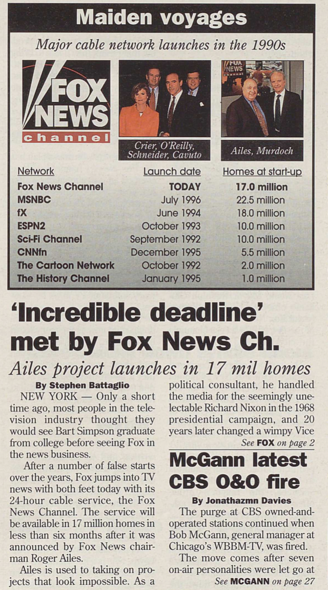 <em>THR</em>‘s front page coverage of Fox News’ launch on Oct. 7, 1996.