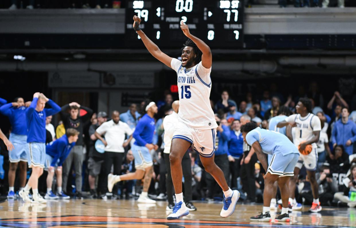 Apr 4, 2024; Indianapolis, IN, USA; Seton Hall Pirates center Jaden Bediako (15) celebrates after defeating the Indiana State Sycamores at Hinkle Fieldhouse. Mandatory Credit: Robert Goddin-USA TODAY Sports
