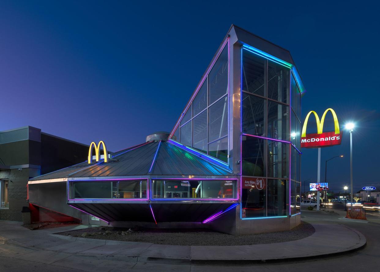 Roswell, New Mexico, USA - November 22, 2019: Flying Saucer McDonald's on Main Street in downtown Roswell at night