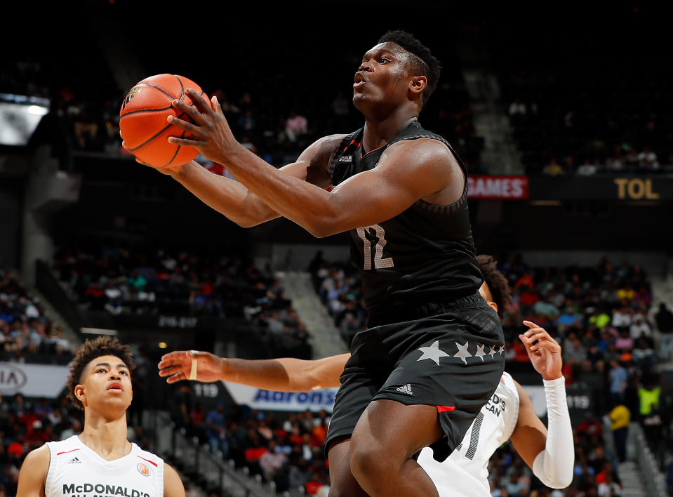 Zion Williamson dunks from the free throw line during practice of Duke basketball’s Canada tour. (Getty Images)