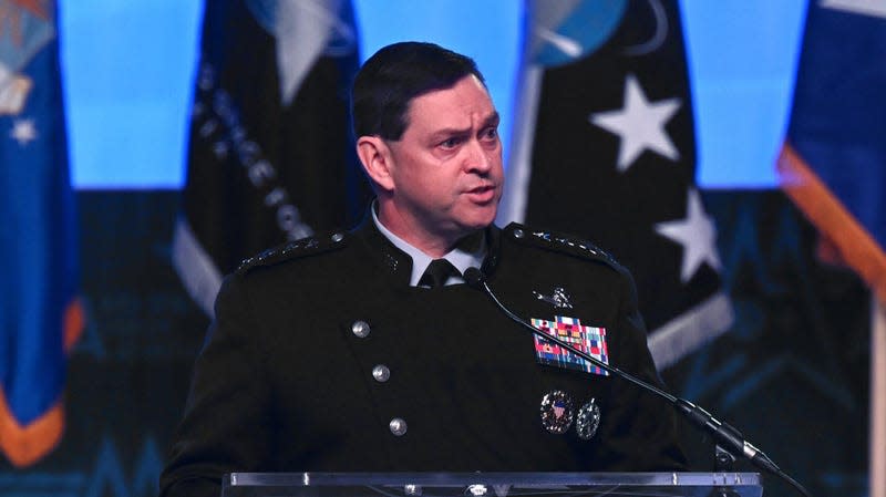 Chief of Space Operations Gen. Chance Saltzman delivers a keynote address at the Air and Space Forces Association’s Air, Space and Cyber Conference on September 12, 2023. 