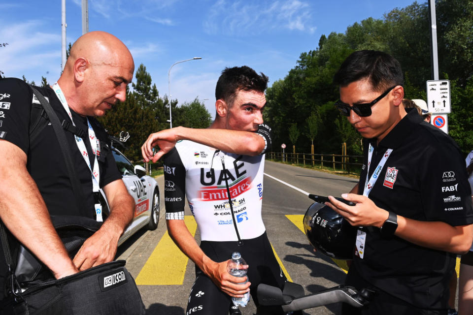 ABTWILL SWITZERLAND  JUNE 18 Juan Ayuso of Spain and UAE Team Emirates reacts after the 86th Tour de Suisse 2023 Stage 8 a 257km individual time trial from St Gallen to Abtwil  UCIWT  on June 18 2023 in Abtwil Switzerland Photo by Tim de WaeleGetty Images