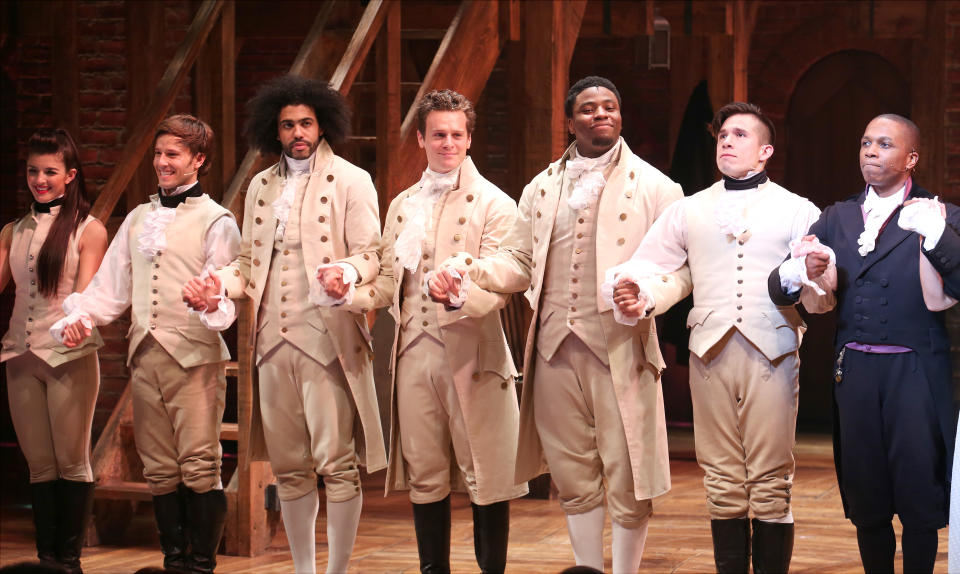 NEW YORK, NY - AUGUST 06:  Thayne Jasperson, Daveed Diggs, Jonathan Groff, Okieriete Onaodowan, John Rua and Leslie Odom Jr. during the Broadway opening night performance of 'Hamilton' at the Richard Rodgers Theatre on August 6, 2015 in New York City.  (Photo by Walter McBride/WireImage)