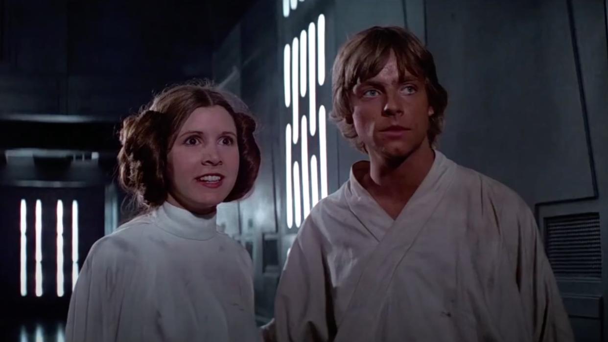  Carrie Fisher's Leia Organa and Mark Hamill's Luke Skywalker in Star Wars: A New Hope. 