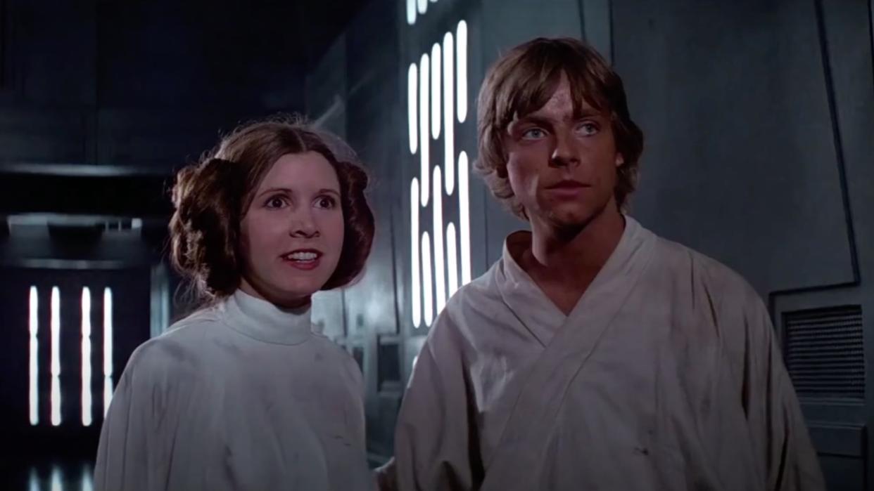  Carrie Fisher's Leia Organa and Mark Hamill's Luke Skywalker in Star Wars: A New Hope 