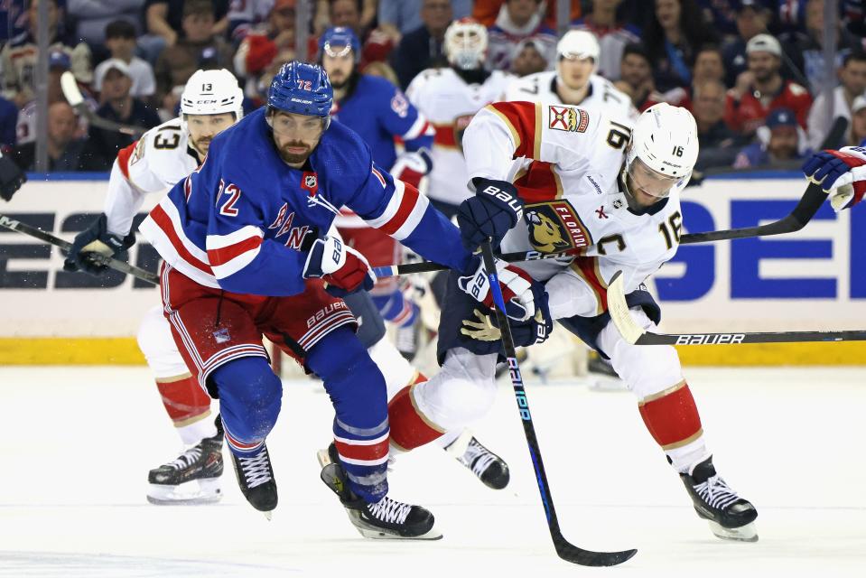 NEW YORK, NEW YORK - MAY 24: Filip Chytil #72 of the New York Rangers skates against Aleksander Barkov #16 of the Florida Panthers in Game Two of the Eastern Conference Final of the 2024 Stanley Cup Playoffs at Madison Square Garden on May 24, 2024 in New York City.