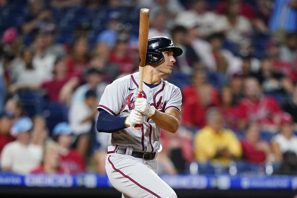 Atlanta Braves' Matt Olson watches after hitting a home run against Philadelphia Phillies pitcher Andrew Bellatti during the eighth inning of a baseball game, Tuesday, June 28, 2022, in Philadelphia. (AP Photo/Matt Slocum)