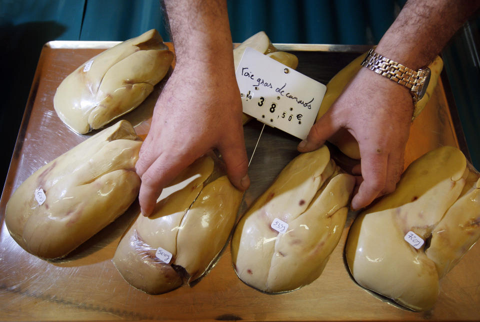 Duck foie gras on sale in Perigueux, southwestern France. Photo: Patrick Bernard/AFP/Getty Images