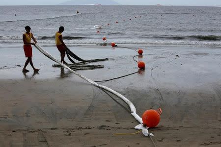 Beach guards collect oil absorbent strips on Cheung Sha beach at Lantau Island in Hong Kong, China August 9, 2017. REUTERS/Bobby Yip