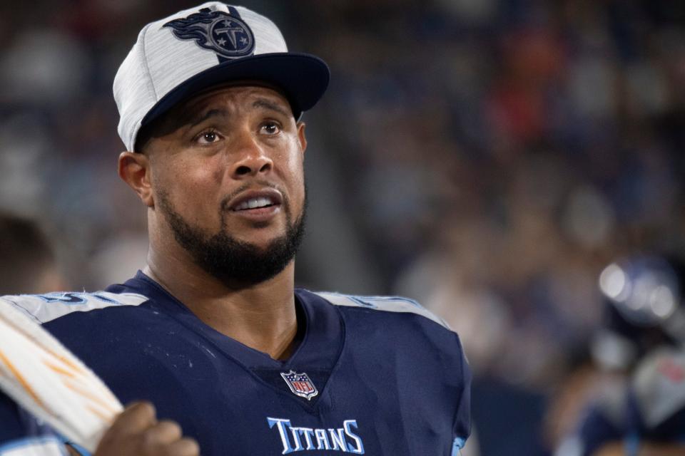 Tennessee Titans guard Rodger Saffold III (76) watches his teammates from the sideline during an NFL Preseason game against the Chicago Bears at Nissan Stadium Saturday, Aug. 28, 2021 in Nashville, Tenn.  