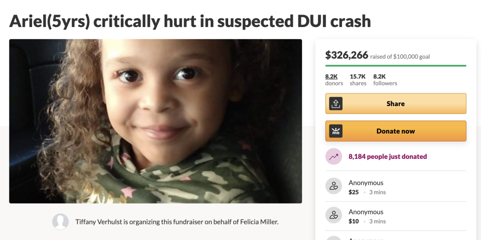 A GoFundMe campaign has raised over $300,000 to help cover medical expenses for the 5-year-old who suffered life-threatening injuries after a vehicular crash involving Chiefs assistant coach Britt Reid. (Screenshot from GoFundMe) 