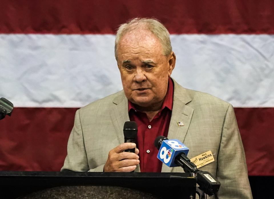 Mark Hawkins speaks at the Sarasota and Manatee Republican Parties' candidates rally at Robarts Arena in Sarasota in July.