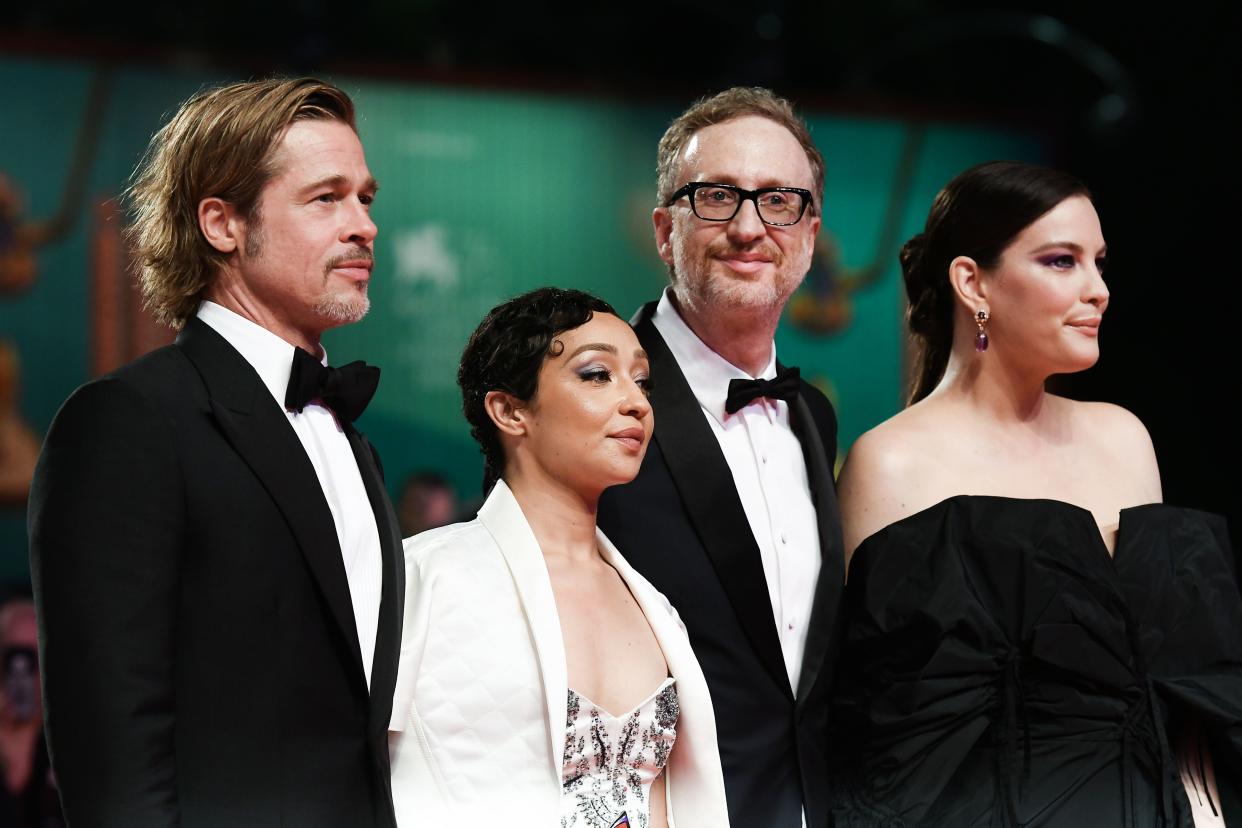 (FromR) US actress Liv Tyler, US director James Gray, Ethiopian-Irish actress Ruth Negga and US actor Brad Pitt arrive on August 29, 2019 for the screening of the film "Ad Astra" during the 76th Venice Film Festival at Venice Lido. (Photo by Vincenzo PINTO / AFP)        (Photo credit should read VINCENZO PINTO/AFP/Getty Images)