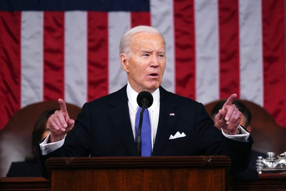 President Joe Biden delivers the State of the Union address to a joint session of Congress at the Capitol, on March 7, 2024 (AP)