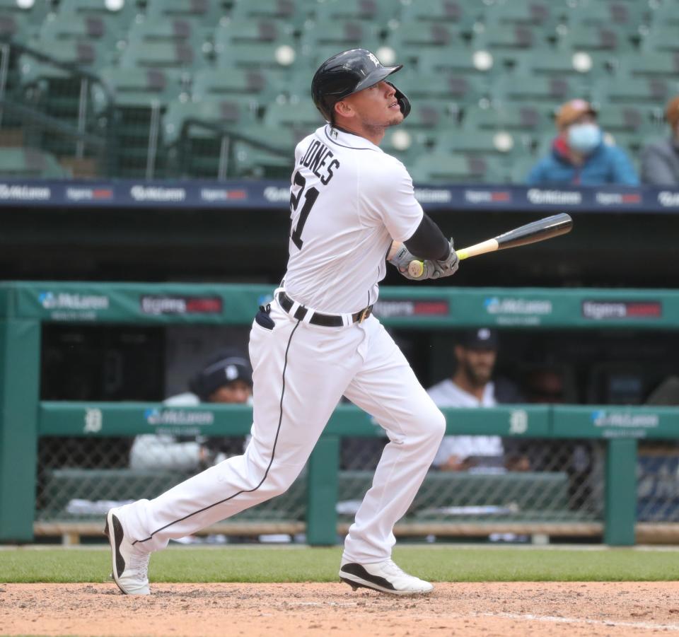 Detroit Tigers left fielder JaCoby Jones bats against the Pittsburgh Pirates during the ninth inning Thursday, April 22, 2021 at Comerica Park.