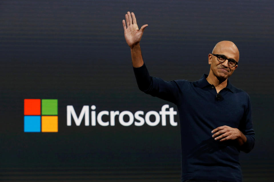 Microsoft Chief Executive Officer (CEO) Satya Narayana Nadella speaks at a live Microsoft event in the Manhattan borough of New York City, U.S.,October 26, 2016. REUTERS/Lucas Jackson    TPX IMAGES OF THE DAY     