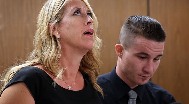 Sarah Key-Marer, left, mother of 4-year-old Lauren Sarene Key, reacts when asked about her daughter after the father, Cameron Brown, was sentenced to life in prison without the possibility of parole for Lauren's murder. Source: AAP