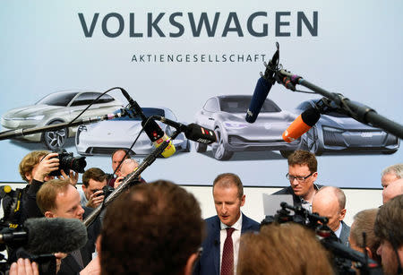 Herbert Diess, Volkswagen's new CEO speaks to the media, after a news conference at the Volkswagen plant in Wolfsburg, Germany April 13, 2018. REUTERS/Fabian Bimmer