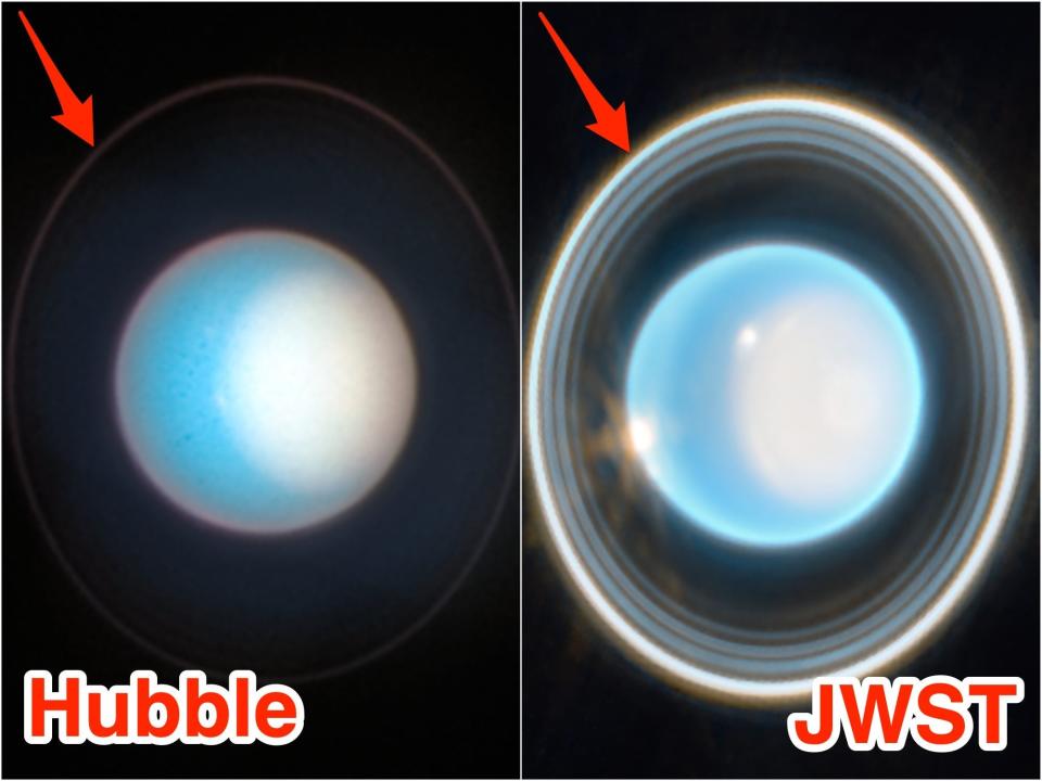 A side by side comparison of recent pictures of Uranus shows the rings much brighter when taken with JWST than Hubble.  The pictures are annotated and read "Hubble" and "JWST"