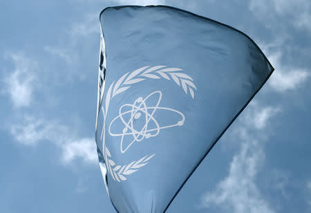 The flag of the International Atomic Energy Agency (IAEA) flies in front of its headquarters in Vienna, Austria, May 28, 2015. REUTERS/Heinz-Peter Bader