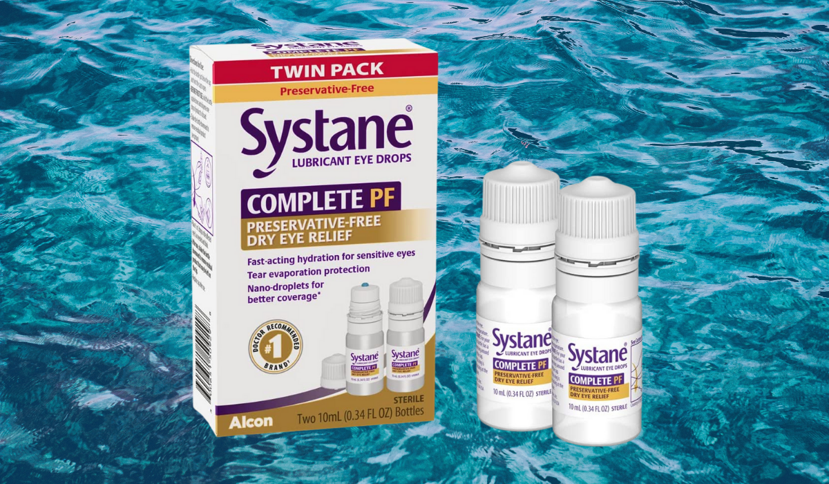 Two white bottles of Systane Complete eyedrops next to a white box labeled 