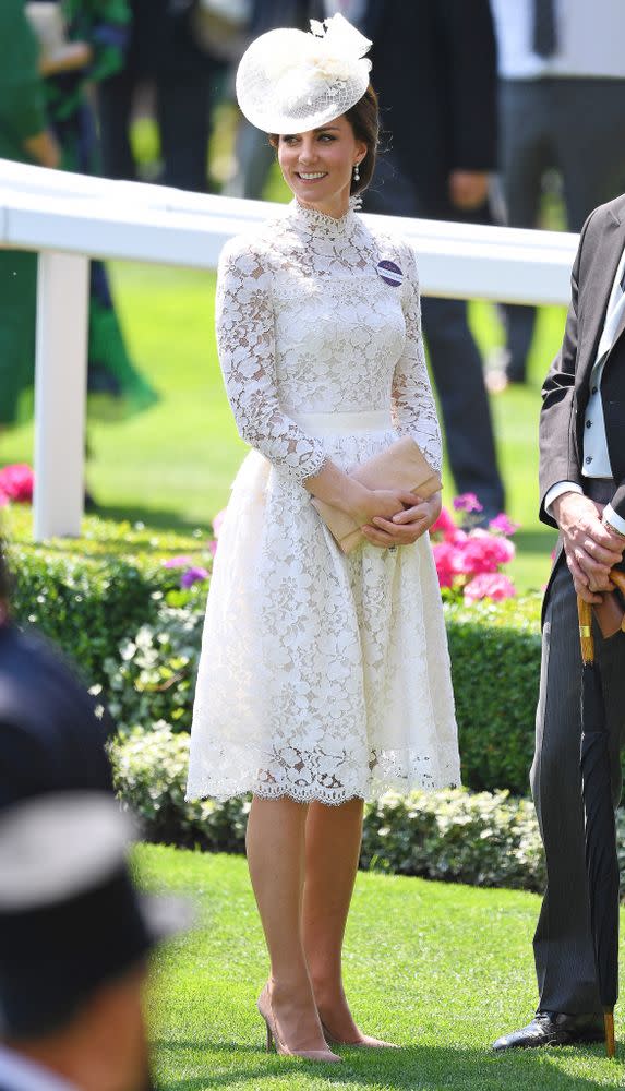 Kate Middleton wears a name tag at Royal Ascot in 2017.
