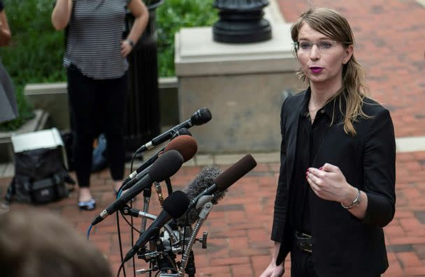 PHOTO: In this May 16, 2019, file photo, former military intelligence analyst Chelsea Manning speaks to the press ahead of a Grand Jury appearance about WikiLeaks, in Alexandria, Va. (Eric Baradat/AFP via Getty Images, FILE)