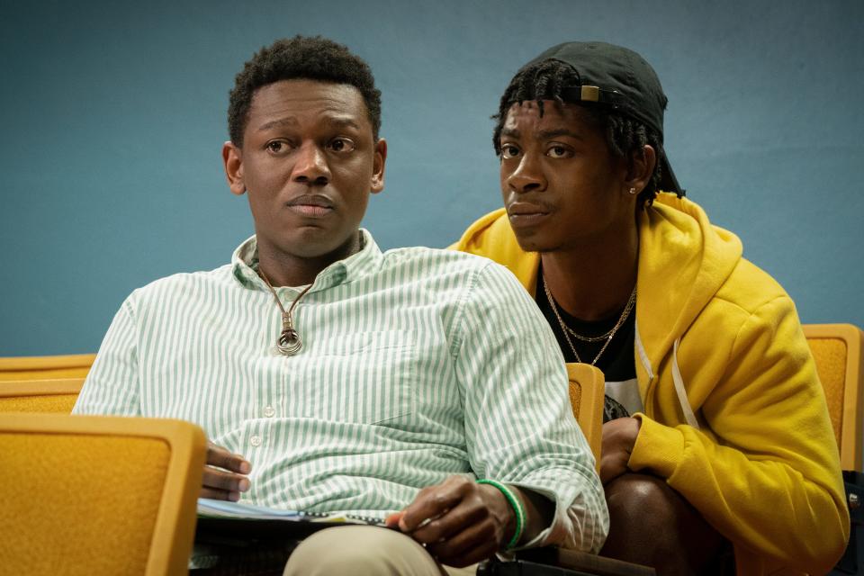 Donald Elise Watkins (left) and RJ Cyler play college best friends who find a strange white girl unconscious in their house in the comedy &quot;Emergency.&quot;