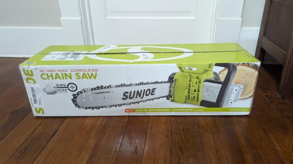 Packaging/box of the Sun Joe 24V-X2-CS16 48-Volt IONMAX Cordless Chain Saw