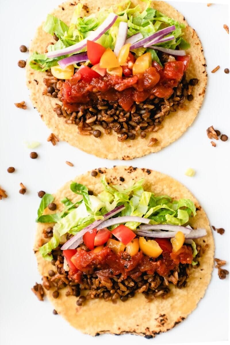 The meat-free filling — of brown rice, lentils, and spices — is super versatile and also makes a great base for meal prep bowls.Recipe: Vegan Instant Pot Tacos With Smoky Lentils & Rice