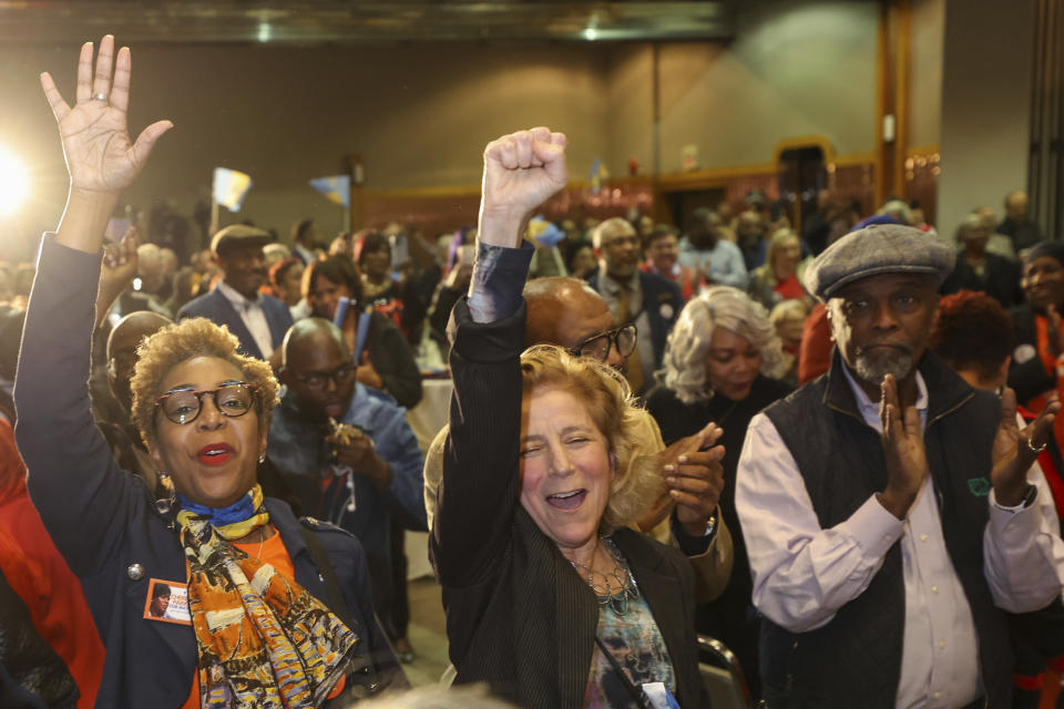 Supporters of Cherelle Parker, the Democratic candidate for Philadelphia Mayor, cheer at an election night party at the Sheet Metal Workers Local 19, Tuesday, Nov. 7, 2023, in Philadelphia. (Heather Khalifa/The Philadelphia Inquirer via AP)