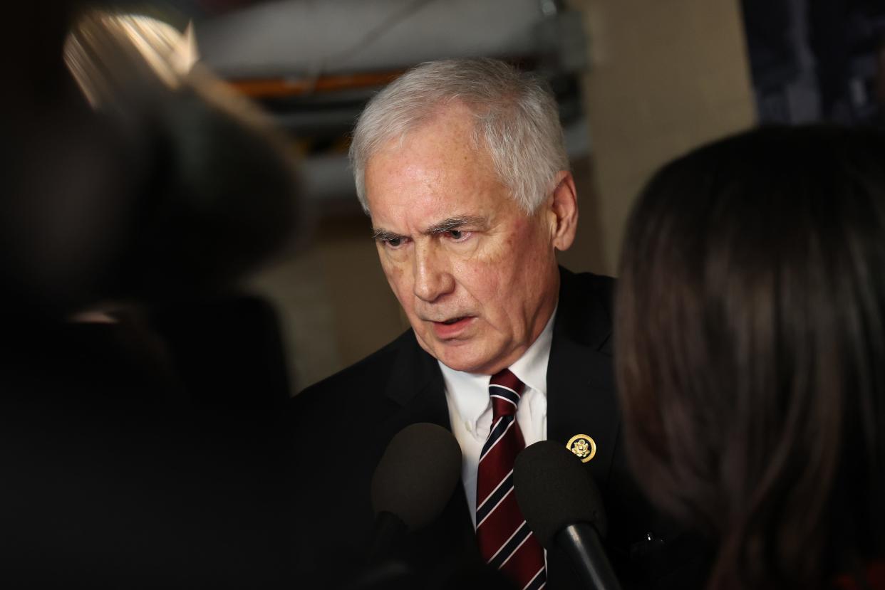 U.S. Rep. Tom McClintock, R-Calif., speaks to reporters as he departs from a House Republican caucus meeting at the U.S. Capitol on February 06, 2024 in Washington, DC.