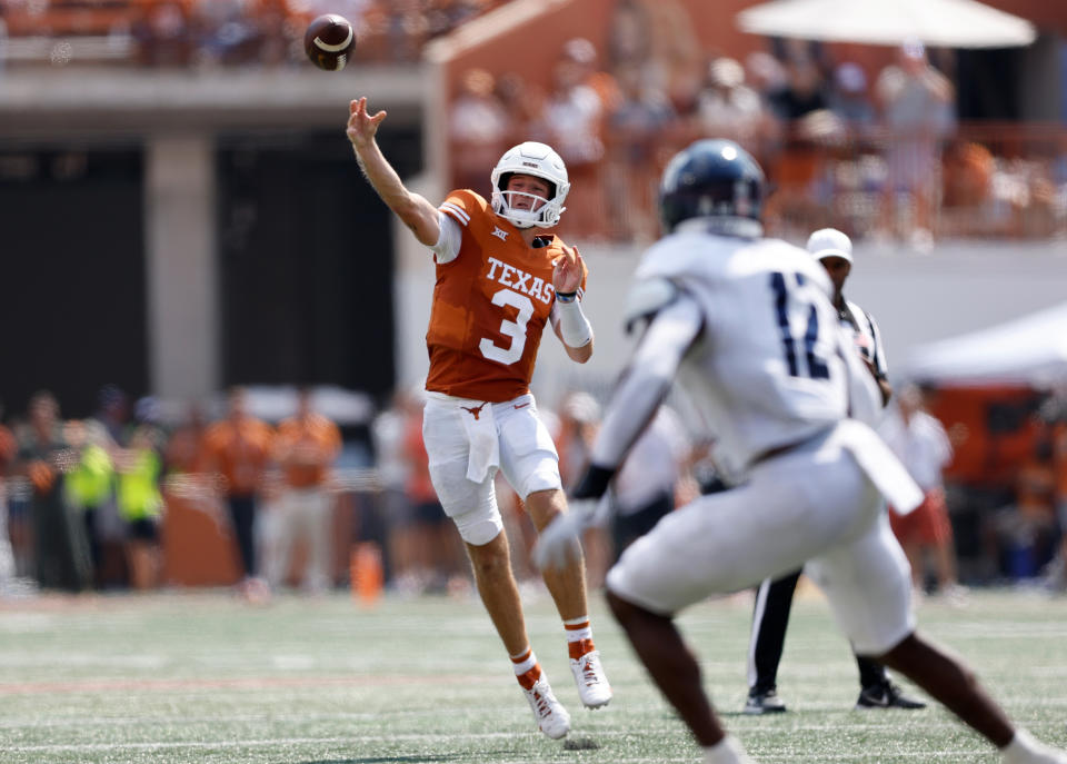 AUSTIN, TEXAS – SEPTEMBER 02: <a class="link " href="https://sports.yahoo.com/ncaaf/players/329235" data-i13n="sec:content-canvas;subsec:anchor_text;elm:context_link" data-ylk="slk:Quinn Ewers;sec:content-canvas;subsec:anchor_text;elm:context_link;itc:0">Quinn Ewers</a> #3 of the Texas Longhorns throws a pass in the second quarter against the Rice Owls at Darrell K Royal-Texas Memorial Stadium on September 02, 2023 in Austin, Texas. (Photo by Tim Warner/Getty Images)