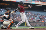 Arizona Diamondbacks' Stone Garrett strikes out against the San Francisco Giants during the second inning of a baseball game in San Francisco, Wednesday, Aug. 17, 2022. (AP Photo/Godofredo A. Vásquez)