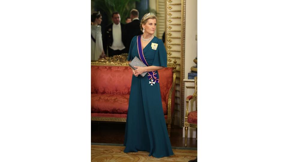 Sophie at Buckingham Palace in petrol blue gown and tiara