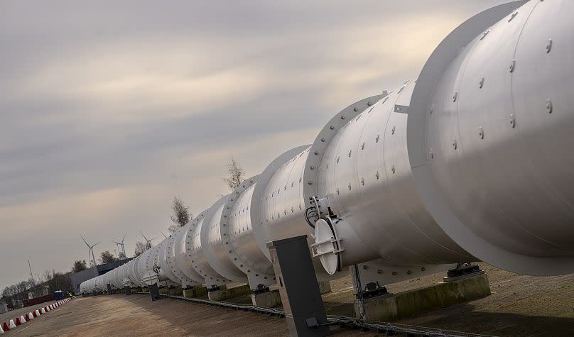 One of the tubes allowing vehicles to travel on magnetic fields is seen at the new European test center in the northern Netherlands.