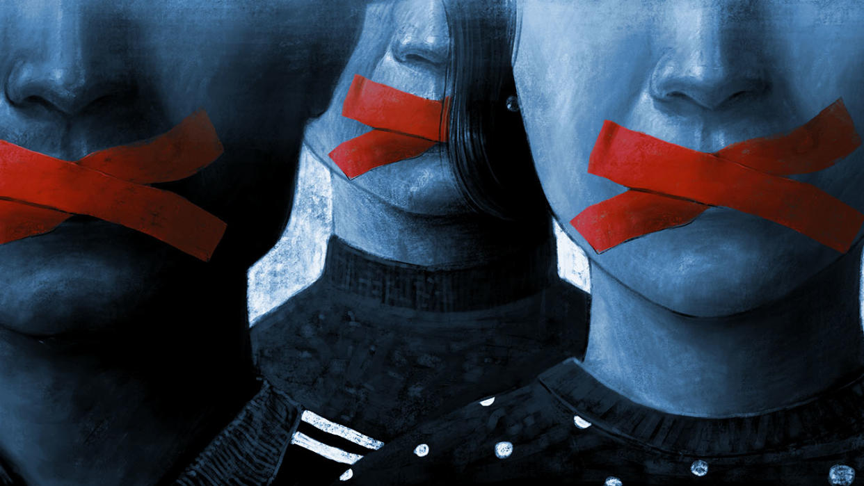 Illustration of people with their mouths taped shut.