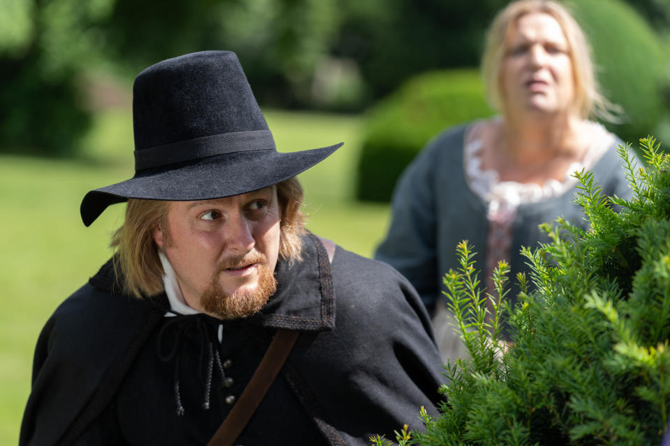 WARNING: Embargoed for publication until 00:00:01 on 01/03/2022 - Programme Name: The Witchfinder - TX: n/a - Episode: n/a (No. n/a) - Picture Shows:  Gideon Bannister (TIM KEY), Thomasine Gooch (DAISY MAY COOPER) - (C) Baby Cow Productions - Photographer: Gary Moyes