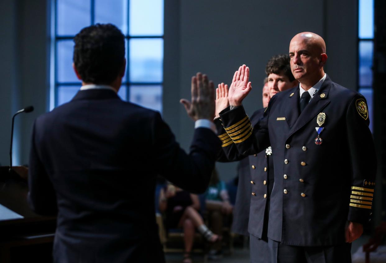 Brian O'Neill was sworn in by Mayor Craig Greenberg as Louisville's new fire chief Tuesday, Aug. 1, 2023.