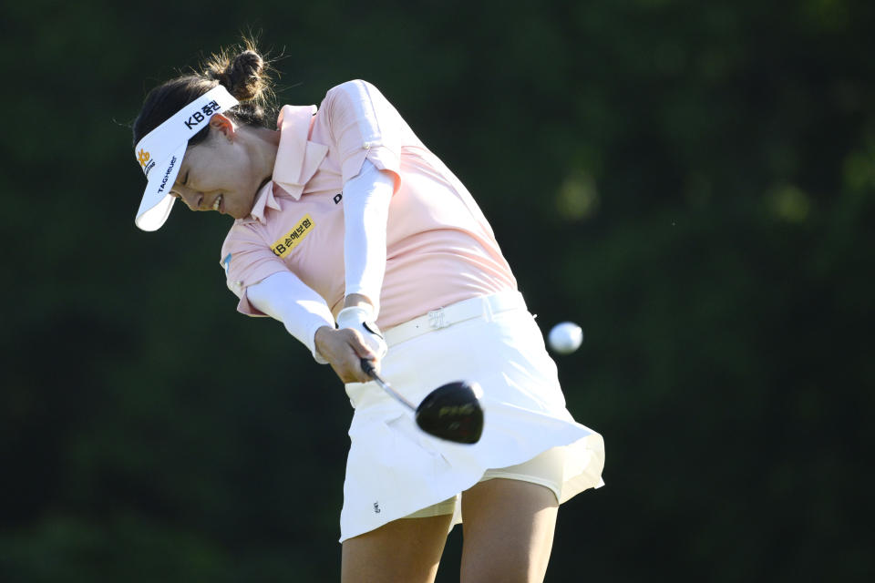 In Gee Chun, of South Korea, tees off on the 18th hole during the second round in the Women's PGA Championship golf tournament at Congressional Country Club, Friday, June 24, 2022, in Bethesda, Md. (AP Photo/Nick Wass)