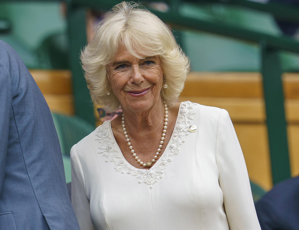 Jul 10, 2019; London, United Kingdom; HRH The Duchess of Cornwall, Camilla Parker-Bowles in attendance for the Novak Djokovic (SRB) and David Goffin (BEL) match on day nine at the All England Lawn and Croquet Club. Mandatory Credit: Susan Mullane-USA TODAY Sports