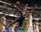 INDIANAPOLIS, IN - APRIL 30: Jameer Nelson #14 of the Orlando Magic tries to get a shot off around George Hill #3 of the Indiana Pacers in Game Two of the Eastern Conference Quarterfinals during the 2012 NBA Playoffs on April 30, 2012 at Bankers Life Fieldhouse in Indianapolis, Indiana. Indiana won the game 93-78 to tie the series 1-1. NOTE TO USER: User expressly acknowledges and agrees that, by downloading and or using this photograph, User is consenting to the terms and conditions of the Getty Images License Agreement. (Photo by Gregory Shamus/Getty Images)