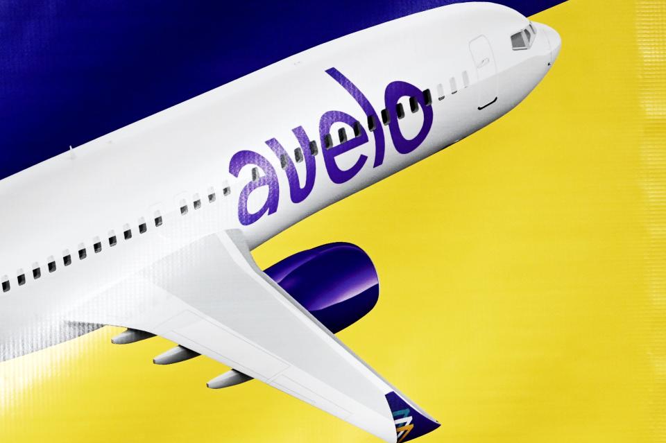 An advertisement for Avelo Airlines, a carrier that will be offering direct flights to Florida, photographed at the Capital Region International Airport during a press conference on Tuesday, July 26, 2022, in DeWitt Township.