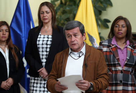 Pablo Beltran, representative of the delegation of the National Liberation Army (ELN), addresses the media in Quito, Ecuador January 10, 2018. REUTERS/Daniel Tapia