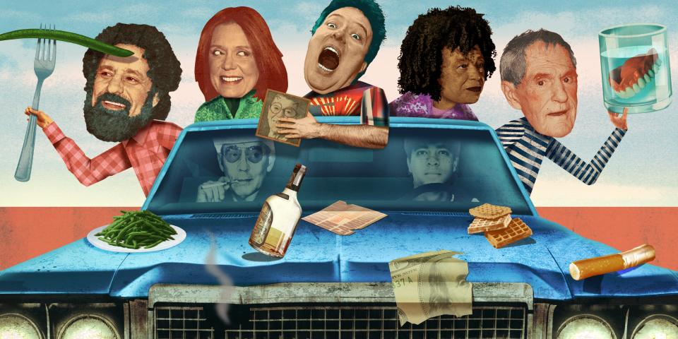David Kushner driving a car with Hunter S Thompson in the passenger seat. Abbie Hoffman, Gloria Steinem, Jello Biafra, Angela Davis, and Timothy Leary are in the back.